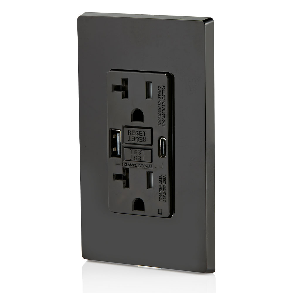 20A SmartlockPro Self-Test GFCI Combination 24W(4.8A) Type A/C USB In-Wall Charger Outlet Black