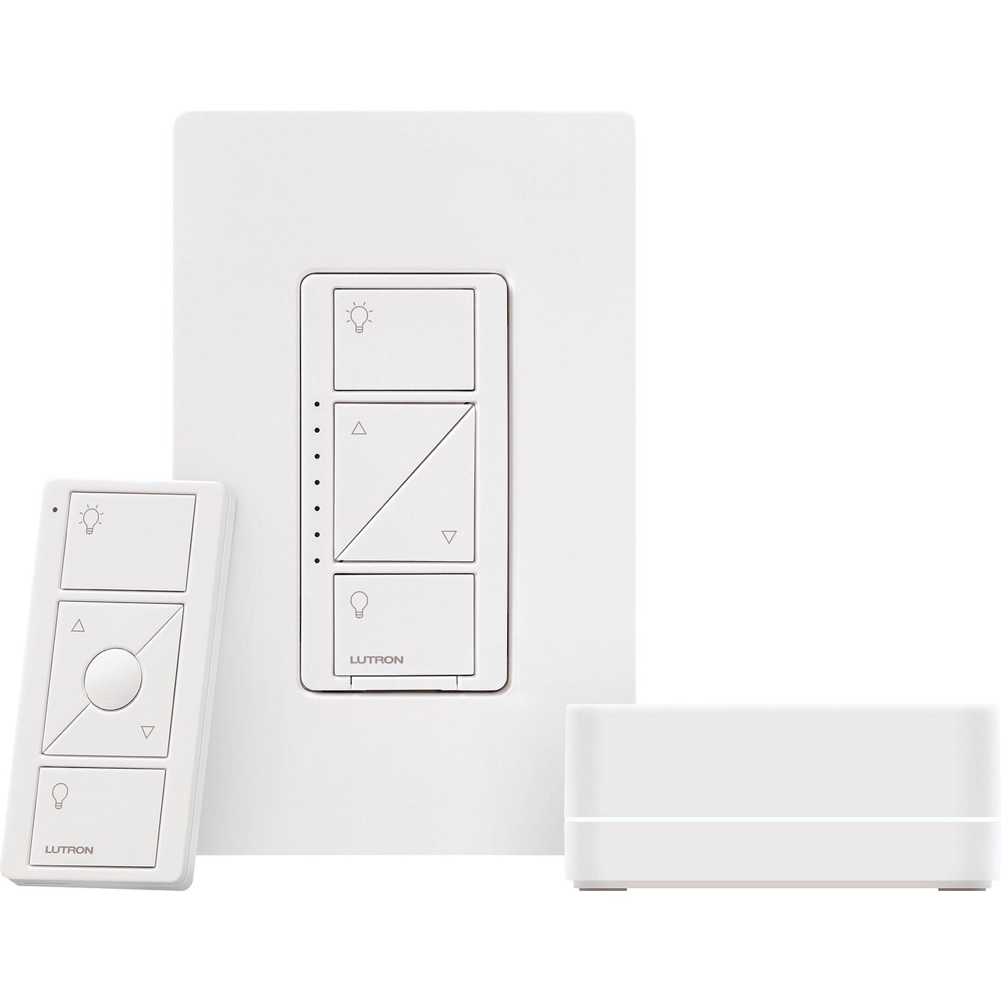 Lutron Caseta Wireless Smart Lighting Dimmer Switch Starter Kit. Includes all necessary components to setup a single room for dimming. Kit contains 1 In-wall dimmer with faceplate, 1 Smart Bridge, and 1 Pico remote control