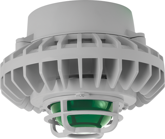 Hazardous Lighting, HAZPLED, 80W, green frosted globe, die cast guard, gray