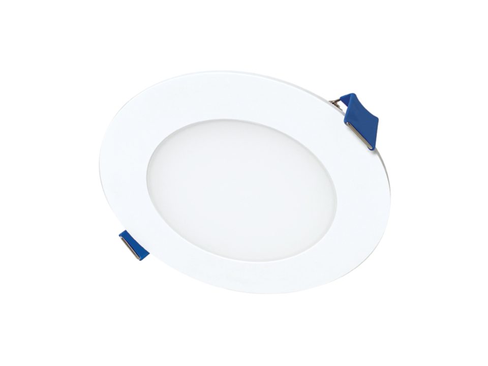 4-Inch LED smooth lens downlight with plastic housing and remote driver / junction box, 830 Lumens, 90 CRI, field selectable 2700K, 3000K, 3500K, 4000K, 5000K CCT, 120V, Matte White Flange