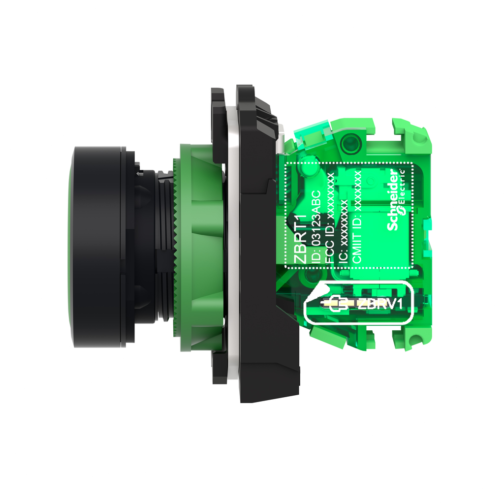 Wireless and batteryless transmitter, Harmony XB5R, push button, plastic, green, 22mm, spring return, marked I