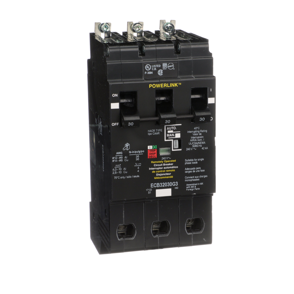 Circuit Breaker, PowerLinkâ„¢, 30A, 3 pole, 480Y/277VAC, 14kA, remotely operated, bolt on mount