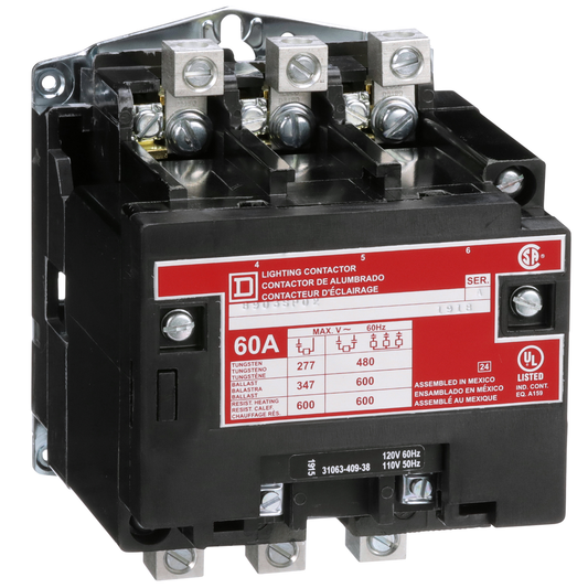 Contactor, Type S, multipole lighting, electrically held, 60A, 3 pole, 110/120 VAC 50/60 Hz coil, open style