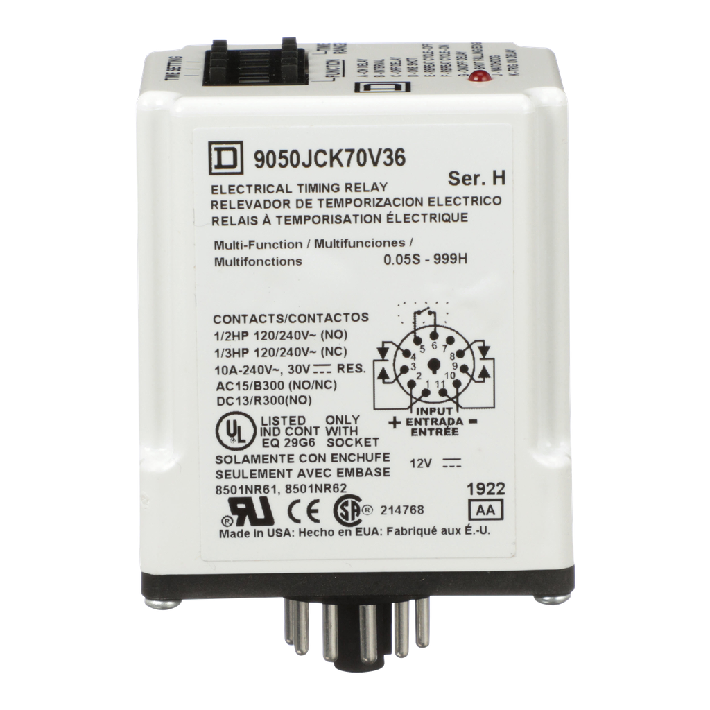 Timing Relay, Type JCK, plug In, multifunction, programmable, 0.5 second to 999 hours, 10A, 240 VAC, 12 VDC