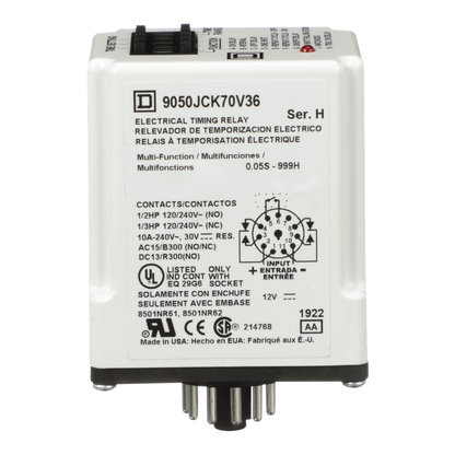 Timing Relay, Type JCK, plug In, multifunction, programmable, 0.5 second to 999 hours, 10A, 240 VAC, 12 VDC