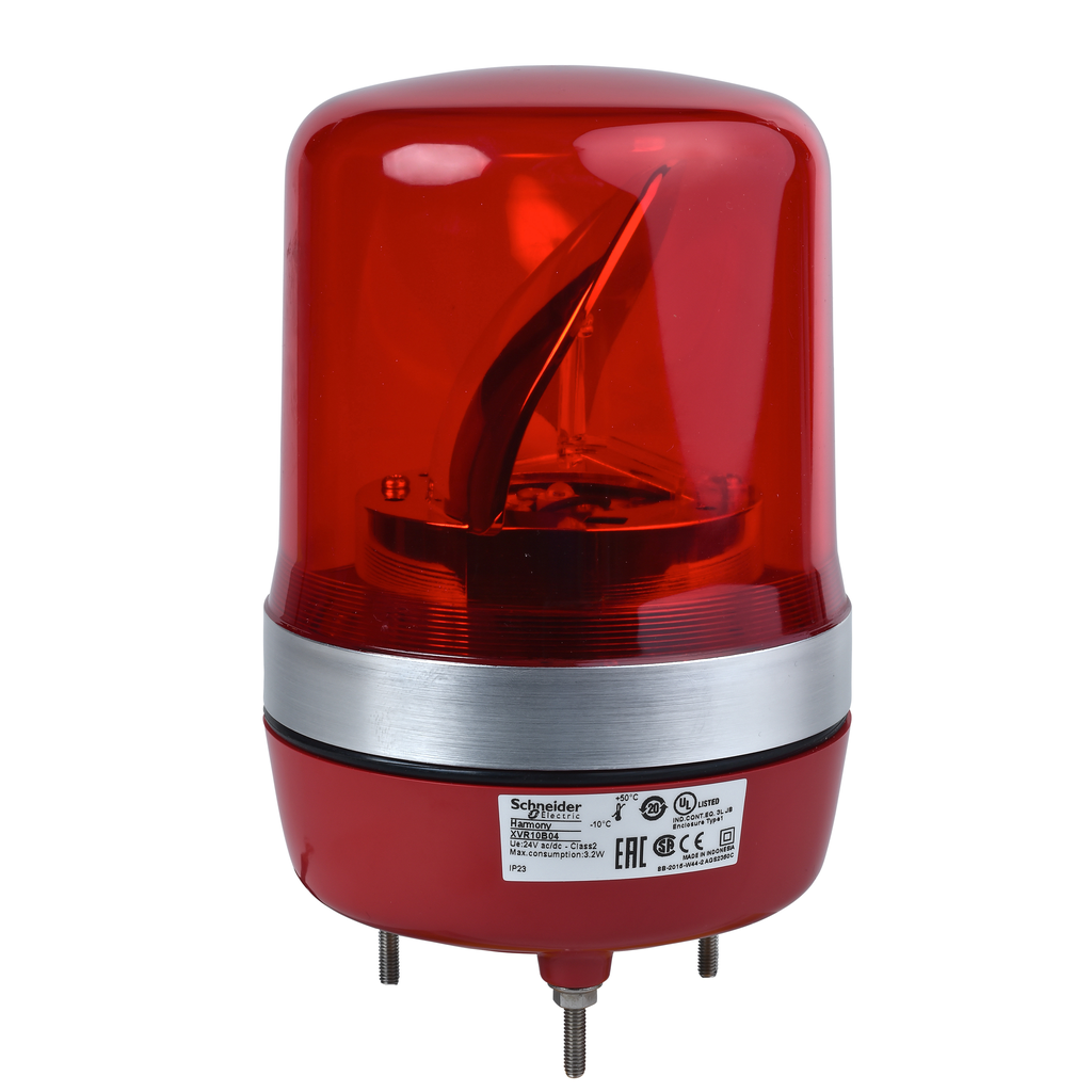 Prewired rotating mirror beacon, Harmony XVR, 106mm, red, without buzzer, 24V AC/DC