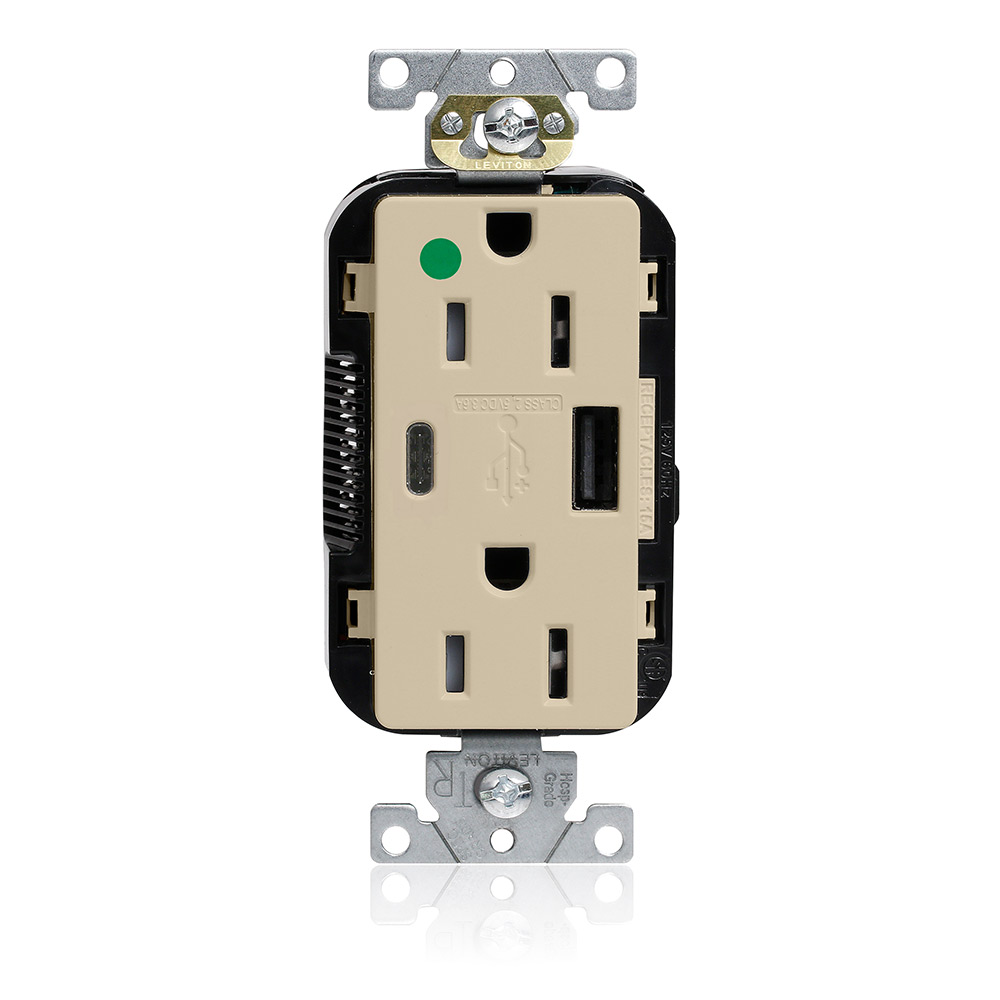 Tamper-Resistant USB Receptacle, Type A/C, 15 Amp 125 Volt, Hospital Grade, Ivory - Lev-Lok