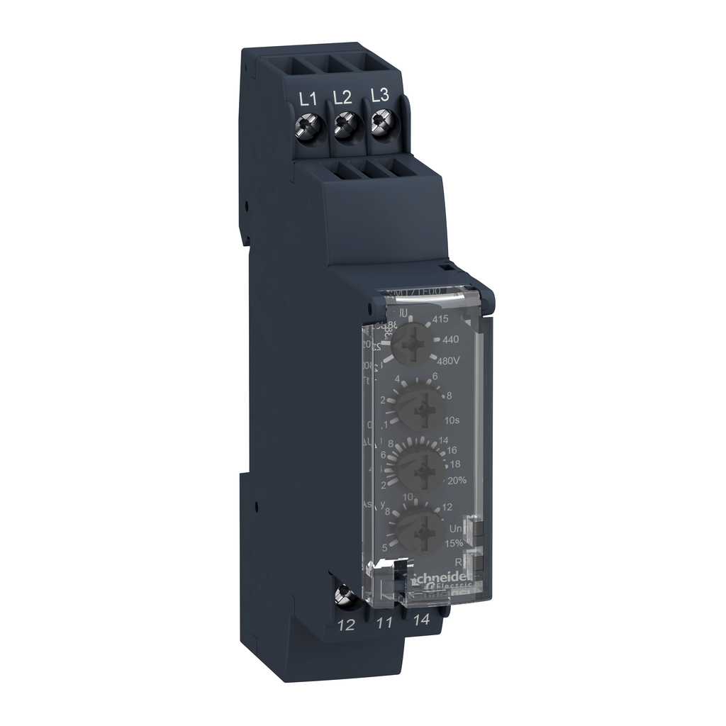 Zelio, 3 phase supply control relay, range 208 to 480 VAC, sequence, phase failure, phase imbalance, voltage