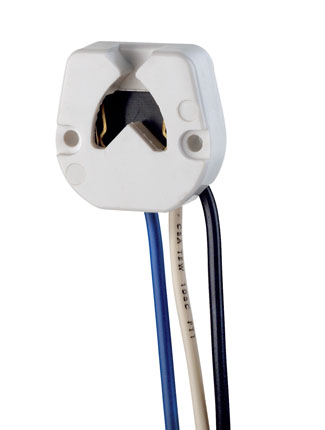 Medium Base, Bi-Pin, Standard Fluorescent Lampholder, Butt-On, Screw Mount, Turn-Type, Disconnect w/ Blue Lead, 9-Inch 18-AWM TEW Wire Leads - White