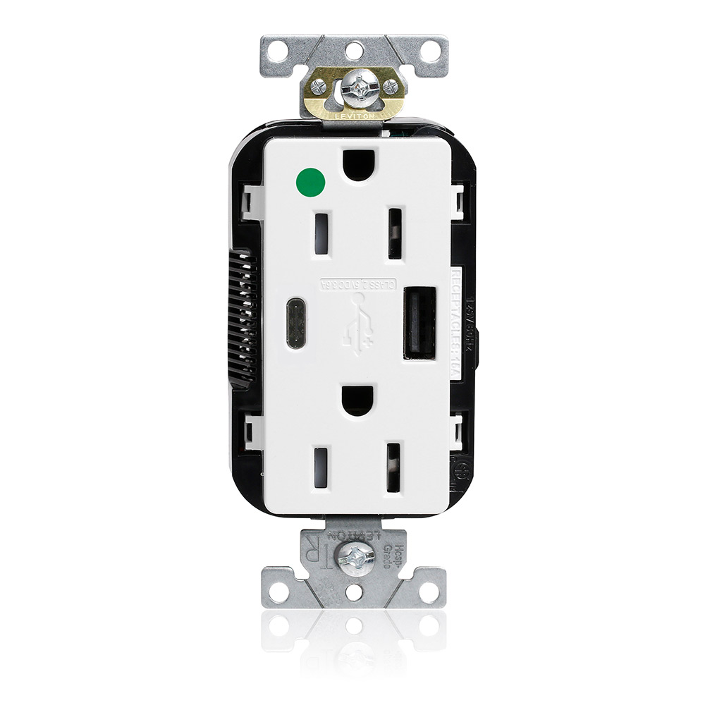 Tamper-Resistant USB Receptacle, Type A/C, 15 Amp 125 Volt, Hospital Grade, White - Lev-Lok