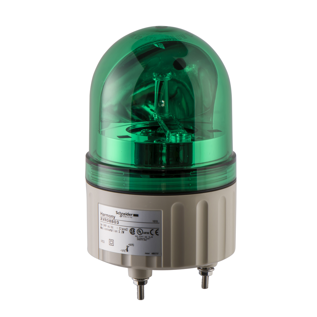 Prewired rotating mirror beacon, Harmony XVR, 84mm, green, without buzzer, 24V AC/DC