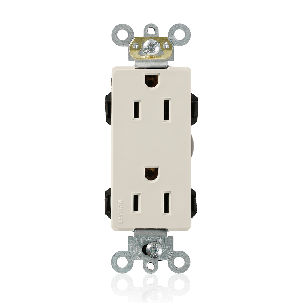 Lev-Lok Duplex Receptacle Lev-Lok Decora Plus Duplex Receptacle Outlet, Heavy-Duty Industrial Specification Grade, Smooth Face, 15 Amp, 125 Volt, Modular, NEMA 5-15R, 2-Pole, 3-Wire, Self-Grounding - Light Almond Mating Lev-Lok Wiring Module Required for Use