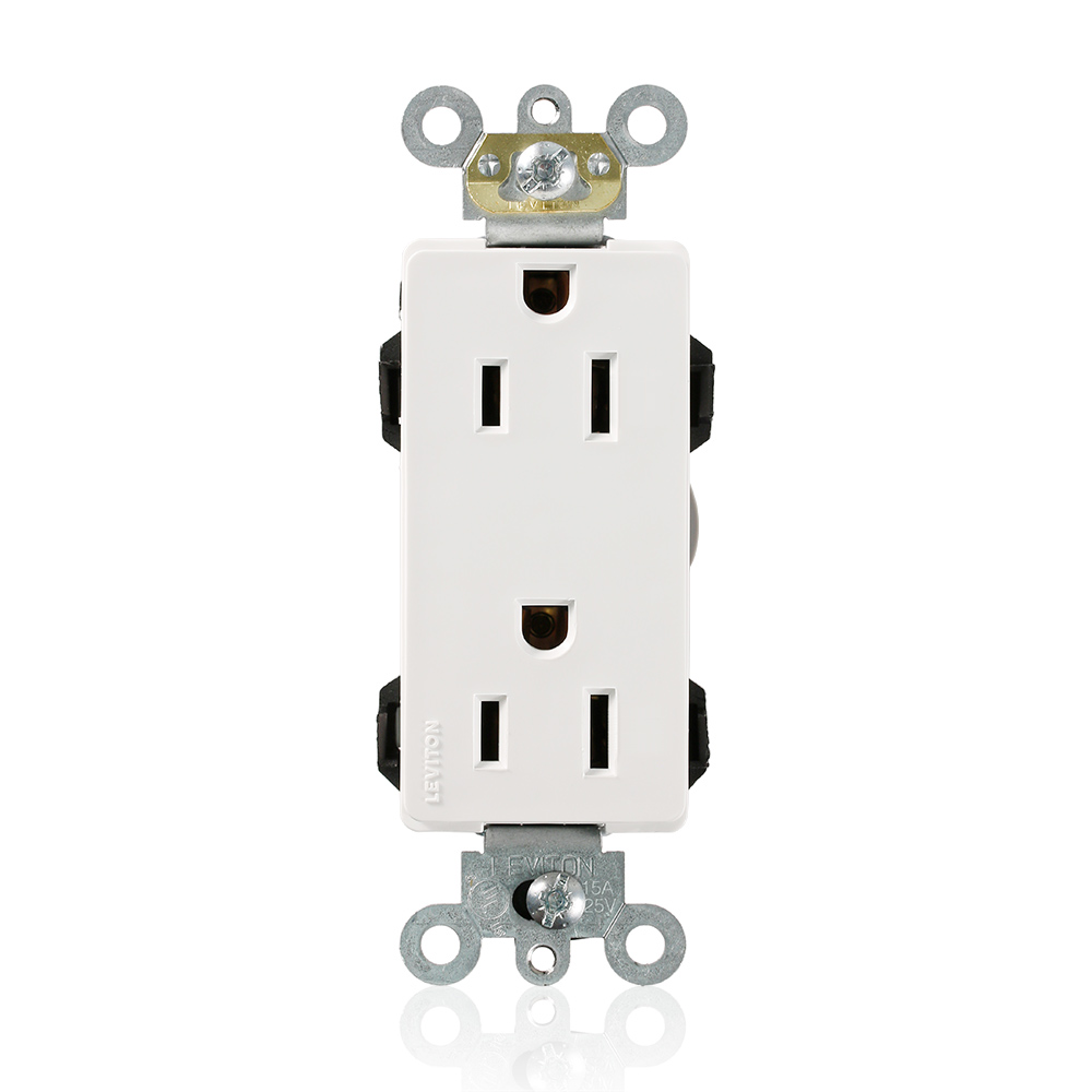 Lev-Lok Duplex Receptacle Lev-Lok Decora Plus Duplex Receptacle Outlet, Heavy-Duty Industrial Specification Grade, Smooth Face, 15 Amp, 125 Volt, Modular, NEMA 5-15R, 2-Pole, 3-Wire, Self-Grounding - White Mating Lev-Lok Wiring Module Required for Use