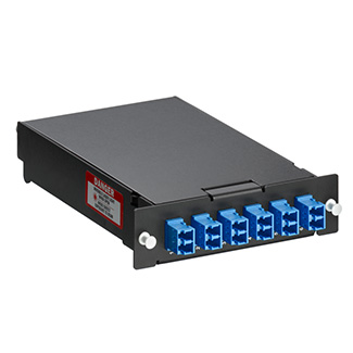 SDX Pigtail Fusion Splice Module pre-loaded with duplex LC adapters (Blue) and 12-fiber OS2 LC/UPC individual pigtails. Includes 40mm splice sleeves. Works with all SDX Enclosures.