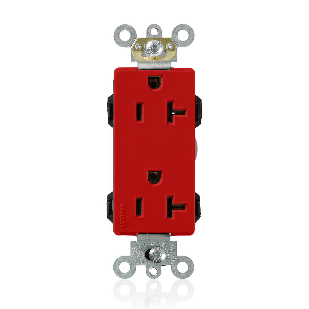 Lev-Lok Duplex Receptacle Lev-Lok Decora Plus Duplex Receptacle Outlet, Heavy-Duty Industrial Specification Grade, Smooth Face, 20 Amp, 125 Volt, Modular, NEMA 5-20R, 2-Pole, 3-Wire, Self-Grounding - Red Mating Lev-Lok Wiring Module Required for Use