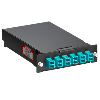 SDX Pigtail Fusion Splice Module pre-loaded with duplex LC adapters (Aqua) and 12-fiber OM4 LC/PC individual pigtails. Includes 40mm splice sleeves. Works with all SDX Enclosures.