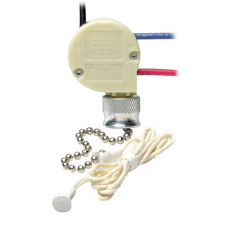 Pull chain switch, three speed - four position; 3A-250V AC, 6A-125V AC, 3A-125V AC-L; No.6 chain - 3 3/4 inches long,bell nut and cord assy.