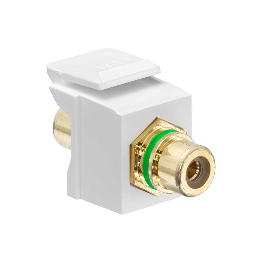 RCA Feedthrough QuickPort Connector, Gold-Plated, Green Stripe, White Housing