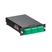 SDX Pigtail Fusion Splice Module pre-loaded with quad LC adapters (Green) and 24-fiber OS2 LC/APC individual pigtails. Includes 40mm splice sleeves. Works with all SDX Enclosures.