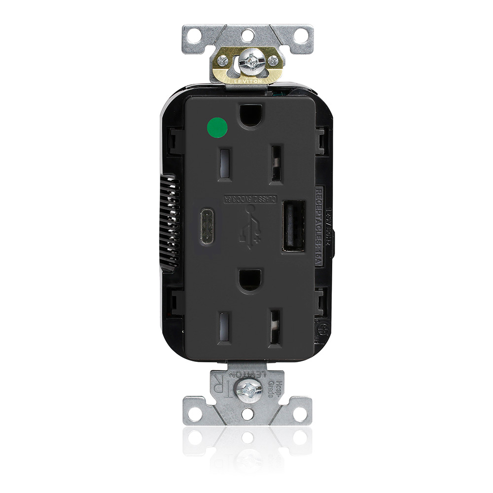 Tamper-Resistant USB Receptacle, Type A/C, 15 Amp 125 Volt, Hospital Grade, Black - Lev-Lok