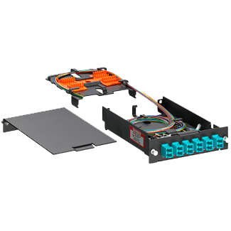 SDX Pigtail Fusion Splice Module pre-loaded with duplex LC adapters (Aqua) and 12-fiber OM4 LC/PC individual pigtails. Includes 40mm splice sleeves. Works with all SDX Enclosures.