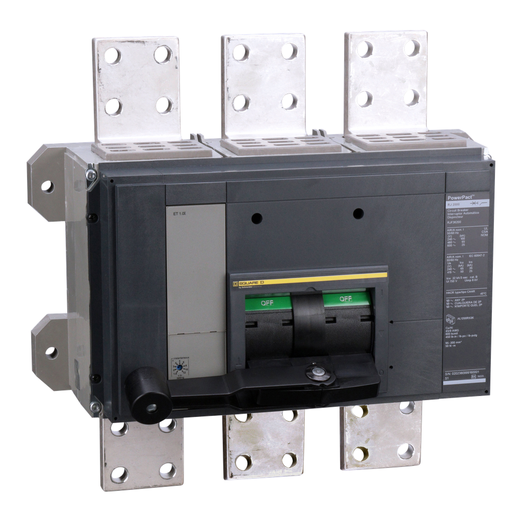 Circuit breaker, PowerPacT R, 2000A, 3 pole, 600VAC, 25kA, busbar, ET 1.0I, 80%
