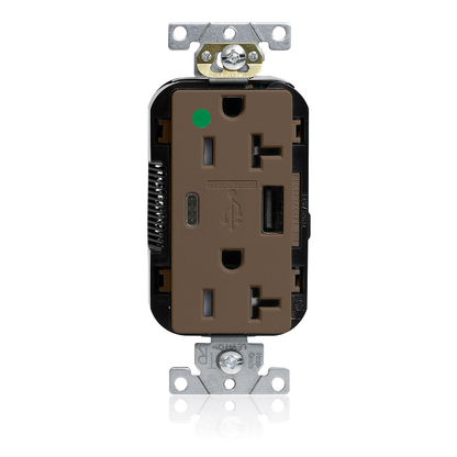 Tamper-Resistant USB Receptacle, Type A/C, 20 Amp 125 Volt, Hospital Grade, Brown - Lev-Lok