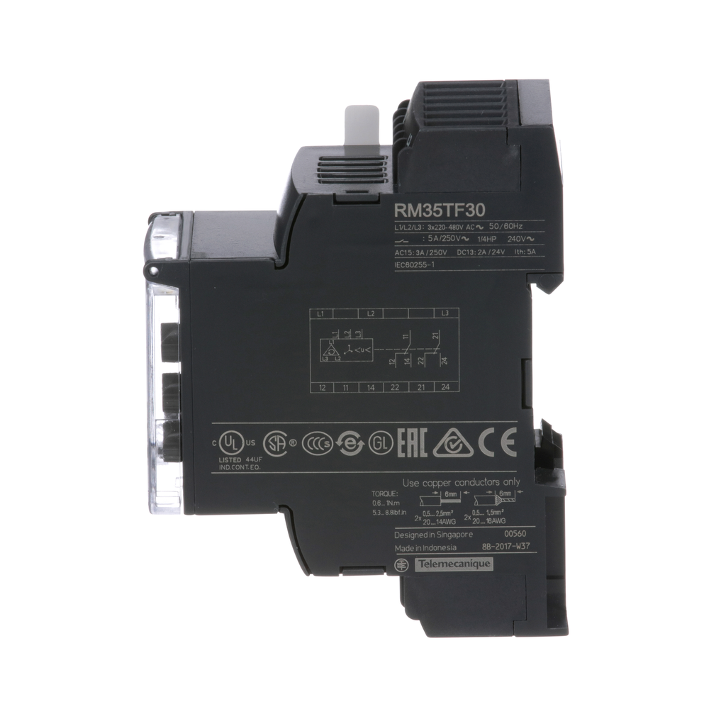 Zelio, 3 phase supply control relay, range 220 to 480 VAC, sequence, phase failure, phase imbalance, voltage