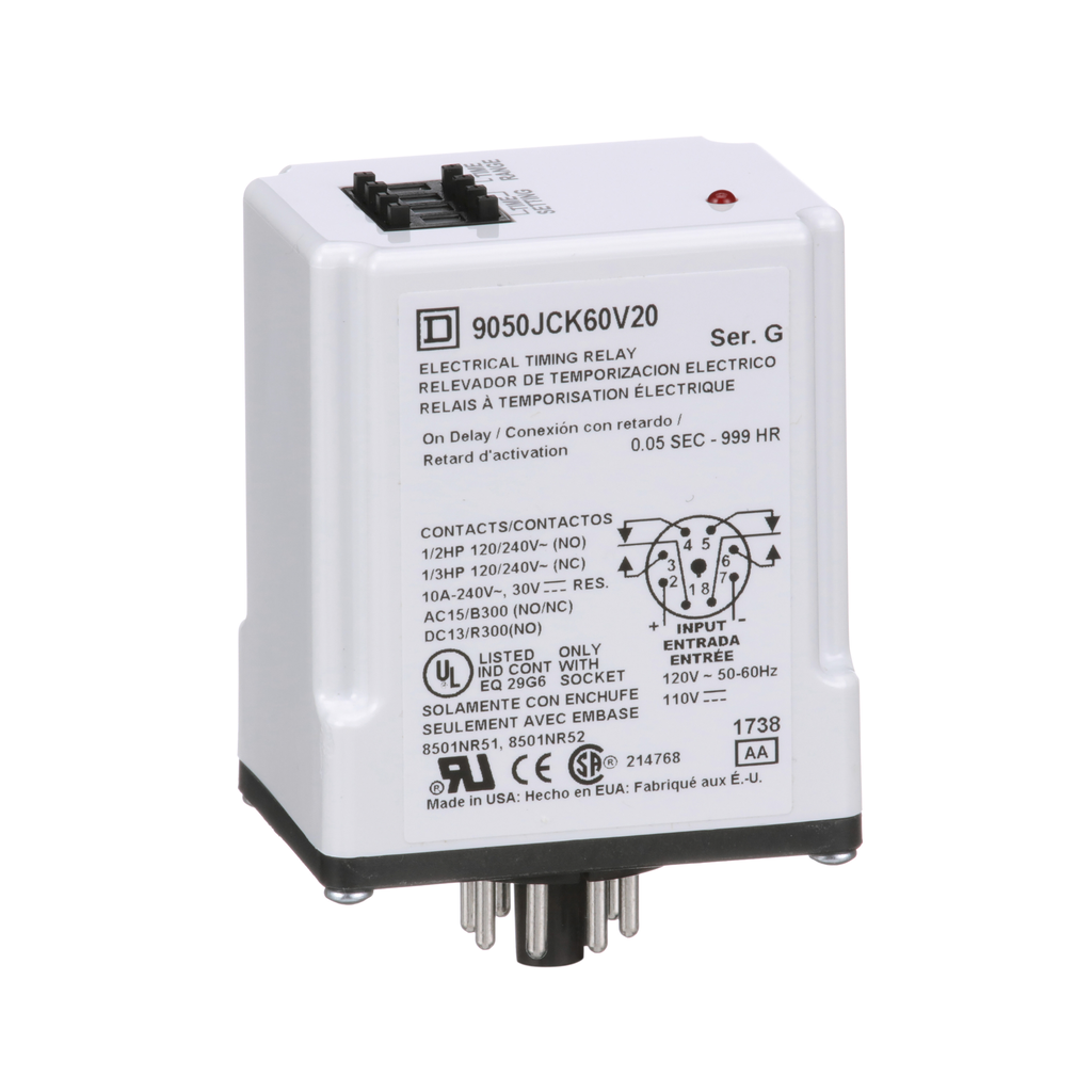 Timing Relay, Type JCK, plug In, on delay, programmable, 0.5 second to 999 hours, 10A, 240 VAC, 120 VAC/110 VDC