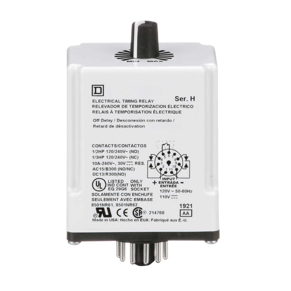 Timing Relay, Type JCK, plug In, off delay, adjustable time, 1.8 to 180 seconds, 10A, 240 VAC, 120 VAC/110 VDC