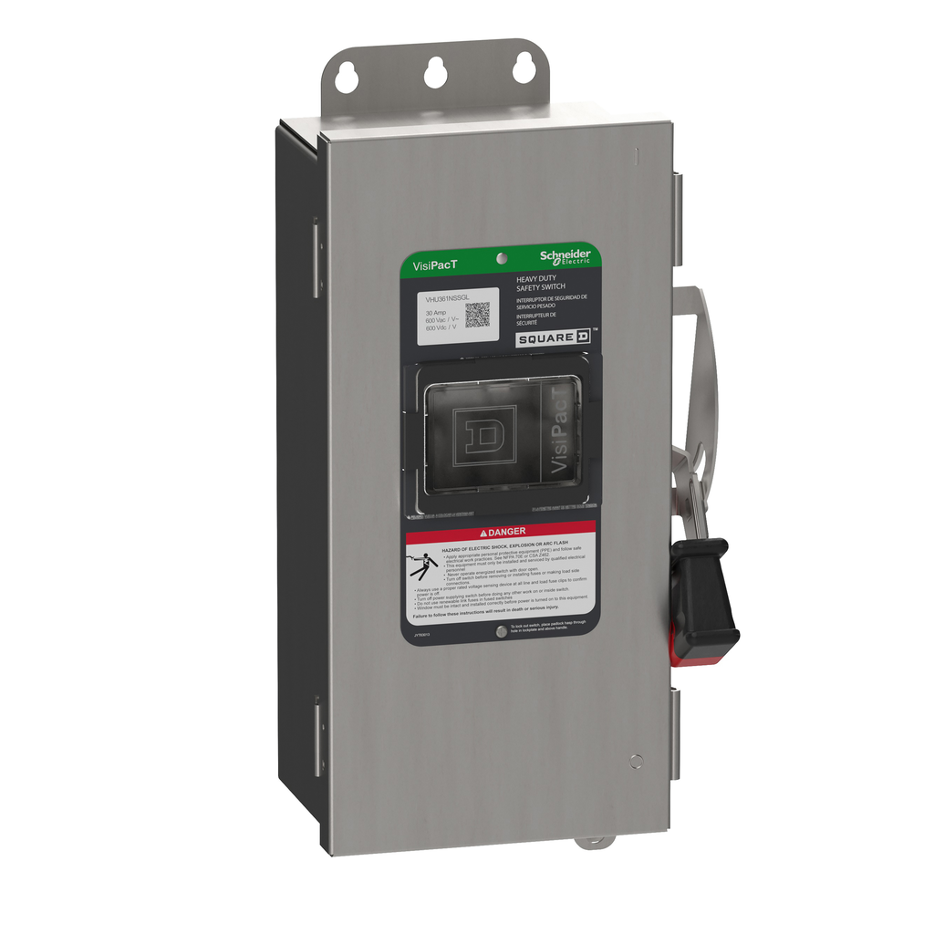 Safety switch, heavy duty, unfused, viewing window, NEMA 4X, 600V, 30A, 3 pole, neutral installed, ground lugs