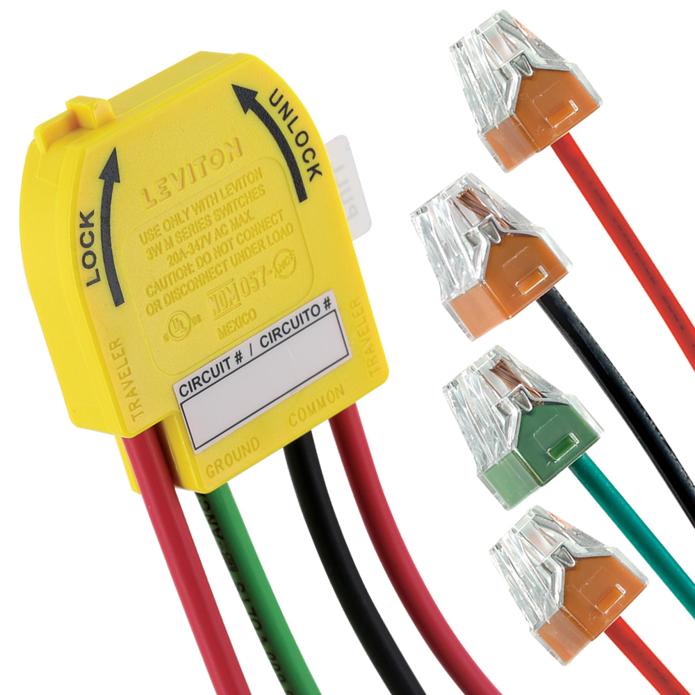 Lev-Lok Wiring Module 20 Amp, 347V AC Max, Wiring Module for Lev-Lok 3-Way Toggle Switches, Stranded Wire Leads #12, Black-Red-Red-Green, 6" Solid Wire Leads With 4-port Pushwire Connectors - YELLOW