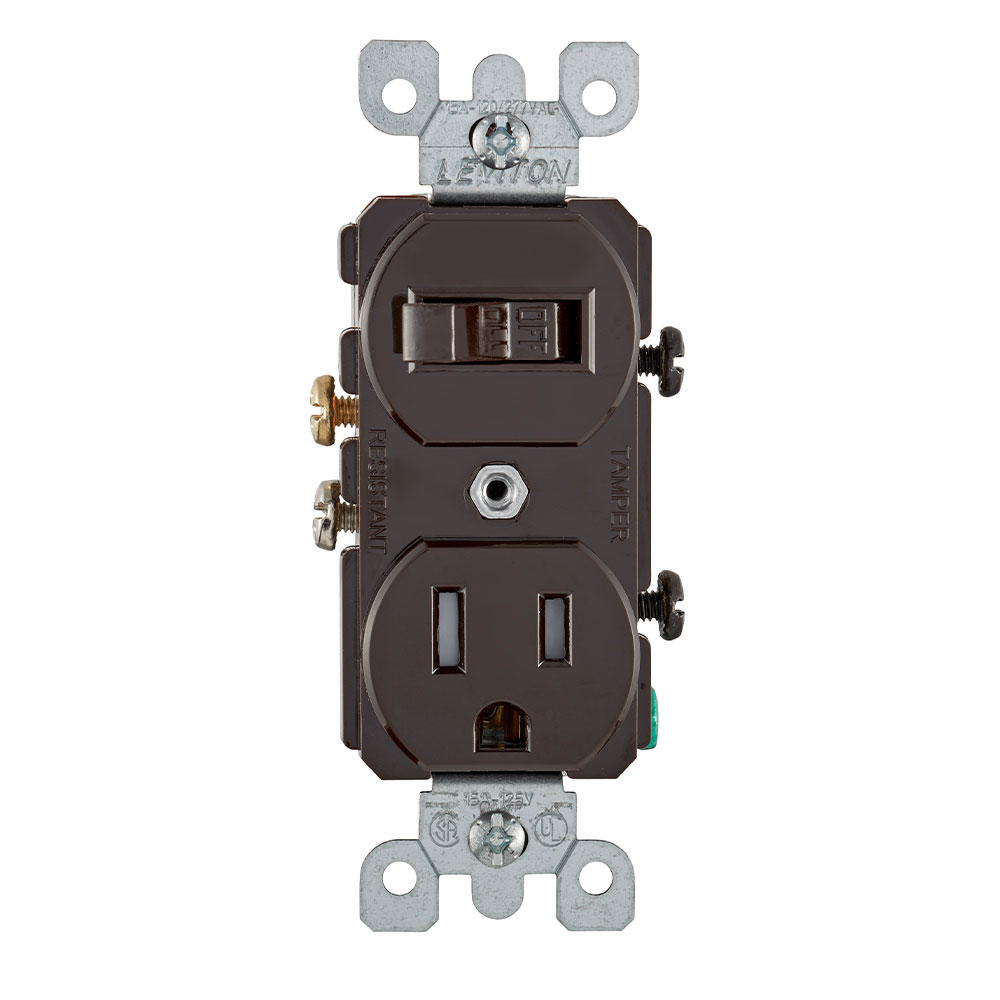 Tamper-Resistant Duplex Style Single-Pole / 5-15R Combination Switch 15 Amp, 120 Volt, Tamper-Resistant, Duplex Style Single-Pole / 5-15R AC Combination Switch, Commercial Grade, Grounding, Side Wired - Brown