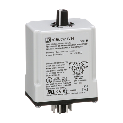 Timing Relay, Type JCK, plug In, on delay, adjustable time, 0.1 to 10 seconds, 10A, 240 VAC, 24 VAC/DC