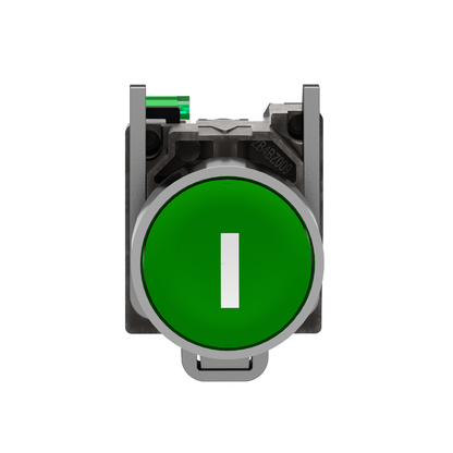 Wireless and batteryless pushbutton, push only, Ã¸22 metal head, white I on green background cap