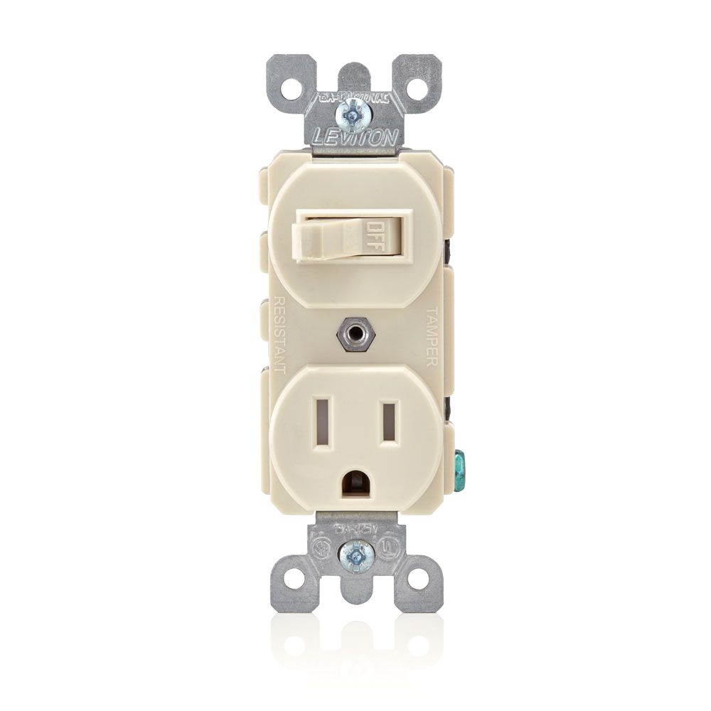 Tamper-Resistant Duplex Style Single-Pole / 5-15R Combination Switch 15 Amp, 120 Volt, Tamper-Resistant, Duplex Style Single-Pole / 5-15R AC Combination Switch, Commercial Grade, Grounding, Side Wired - Light Almond