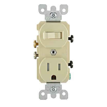 Tamper-Resistant Duplex Style Single-Pole / 5-15R Combination Switch 15 Amp, 120 Volt, Tamper-Resistant, Duplex Style Single-Pole / 5-15R AC Combination Switch, Commercial Grade, Grounding, Side Wired - Ivory