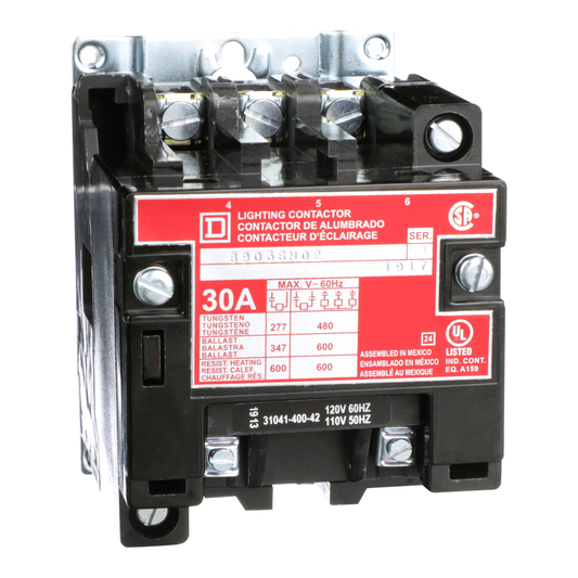 Contactor, Type S, multipole lighting, electrically held, 30A, 3 pole, 110/120 VAC 50/60 Hz coil, open style