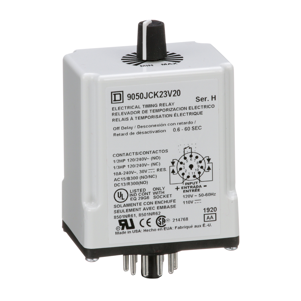 Timing Relay, Type JCK, plug In, off delay, adjustable time, 0.6 to 60 seconds, 10A, 240 VAC, 120 VAC/110 VDC