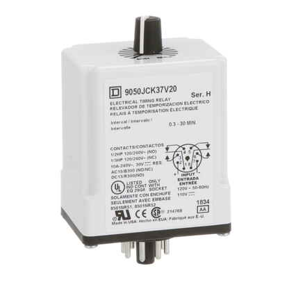 Timing Relay, Type JCK, plug In, interval, adjustable time, 0.3 to 30 minutes, 10A, 240 VAC, 120 VAC/110 VDC