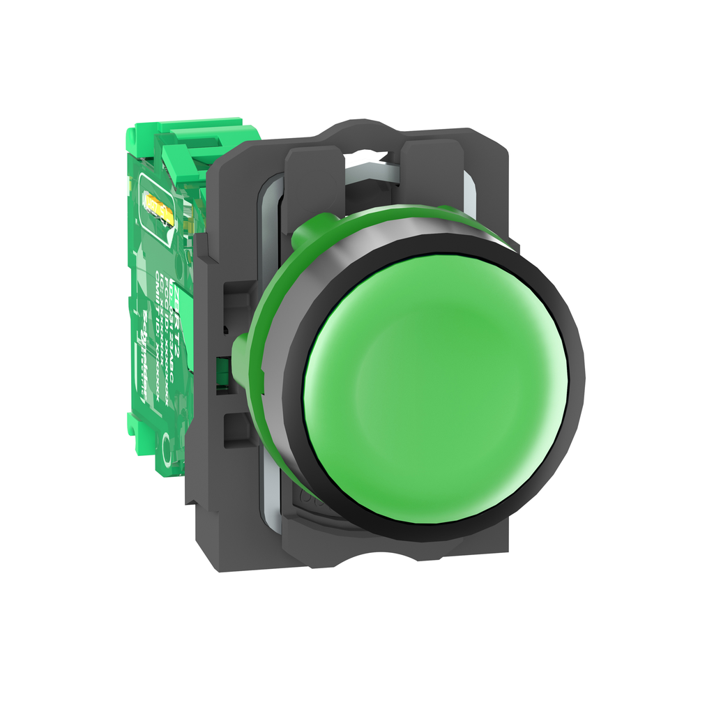 Wireless and batteryless transmitter, Harmony XB5R, push button, plastic, green, 22mm, spring return