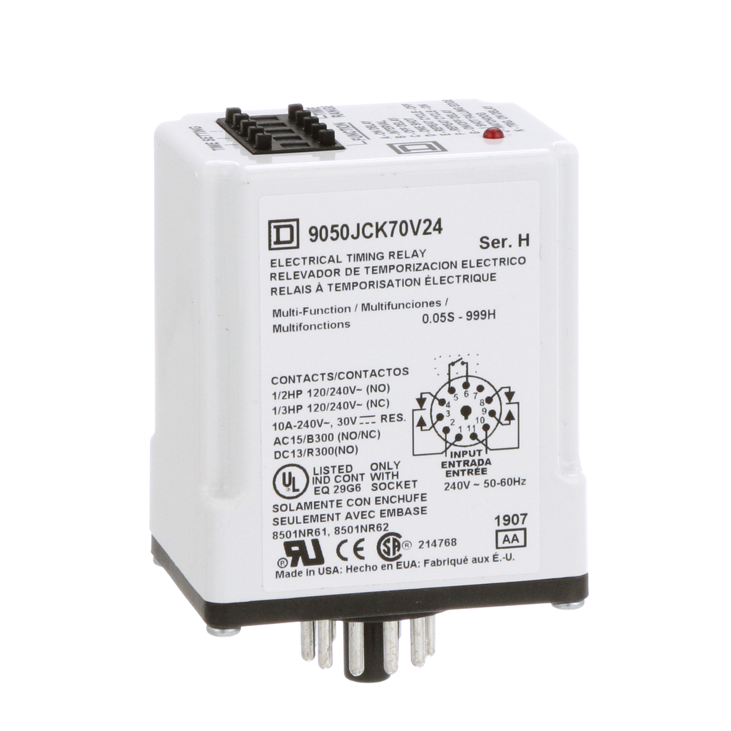 Timing Relay, Type JCK, plug In, multifunction, programmable, 0.5 second to 999 hours, 10A, 240 VAC, 240 VAC 50/60 Hz