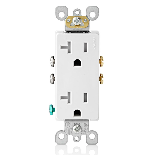 Ultrasonically welded, 20A Tamper-Resistant, Decora duplex receptacle/outlet. Residential grade, NEMA 5-20R, side wired only, UL, CSA and NOM