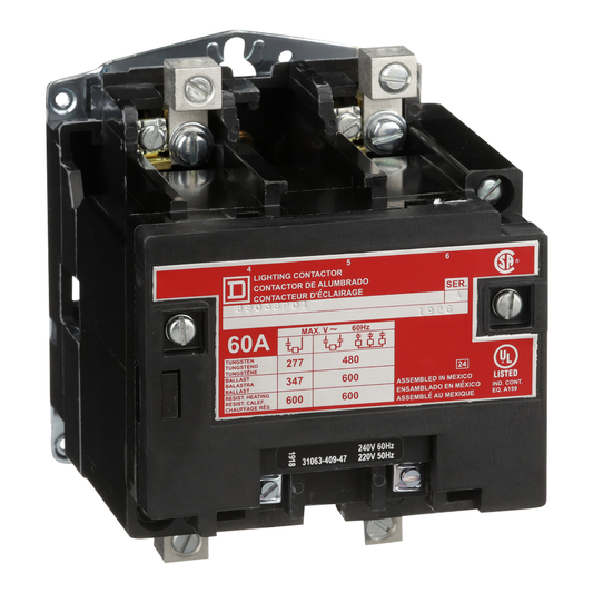 Contactor, Type S, multipole lighting, electrically held, 60A, 2 pole, 220/240 VAC 50/60 Hz coil, open style