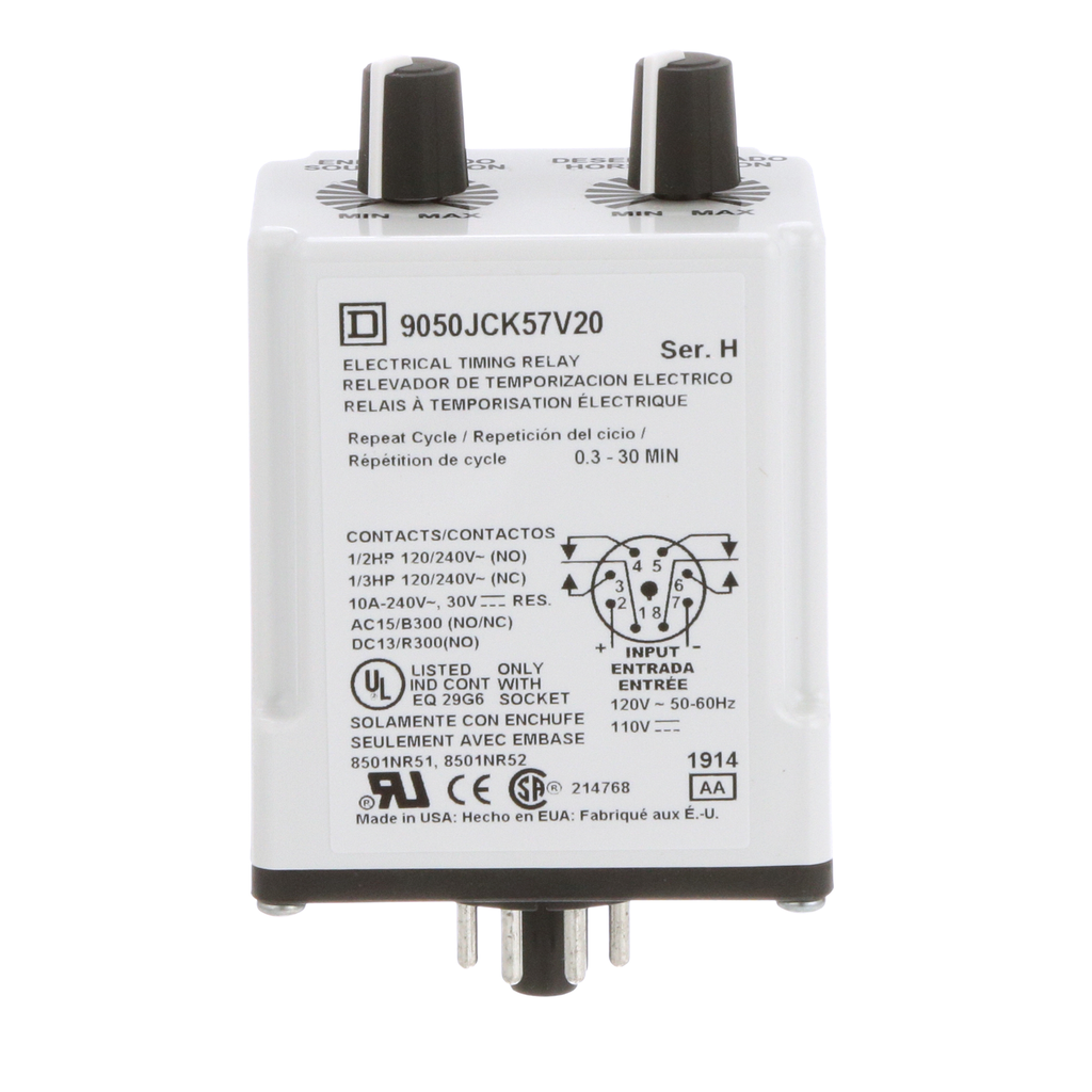 Timing Relay, Type JCK, plug In, repeat cycle, adjustable time, 0.3 to 30 minutes, 10A, 240 VAC, 120 VAC/110 VDC