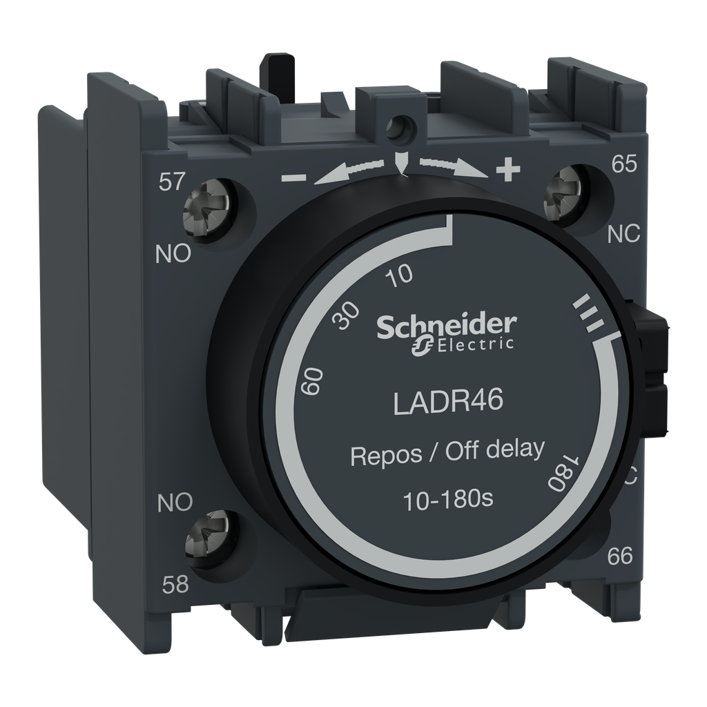 Time delay auxiliary contact block, TeSys Deca, 1NO + 1NC, off delay 10-180s, front, lugs-ring terminals