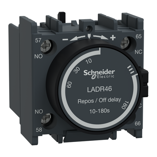 Time delay auxiliary contact block, TeSys Deca, 1NO + 1NC, off delay 10-180s, front, lugs-ring terminals