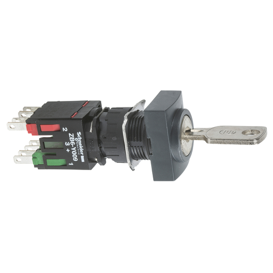 Selector switch, Harmony XB6, black rectangular, 16mm, 2 positions, stay put, 1NO + 1NC, key 200