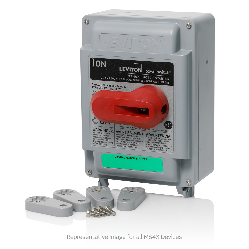 40 Amp, 600 Volt, 3-Pole, Non-Fused Manual Motor Controller, Suitable as Motor Disconnect, Type 4X Thermoplastic Enclosure, IP67-Watertight, NSF Certified