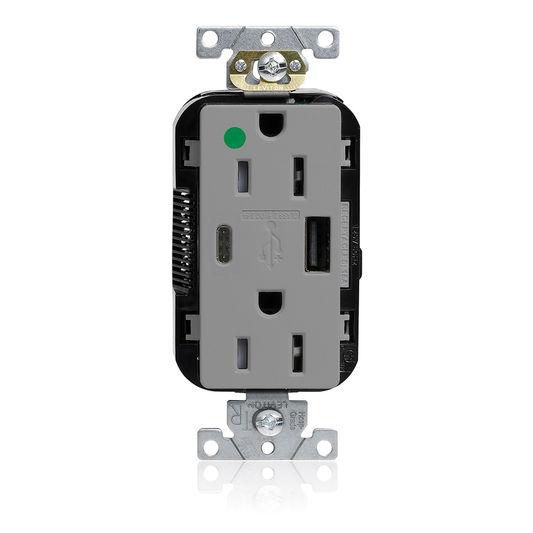 Tamper-Resistant USB Receptacle, Type A/C, 15 Amp 125 Volt, Hospital Grade, Gray - Lev-Lok